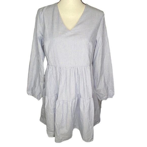 Fancyinn Dress Pinstripe Long Sleeve Shift Tunic Tiered with Pockets Size M - Picture 2 of 15